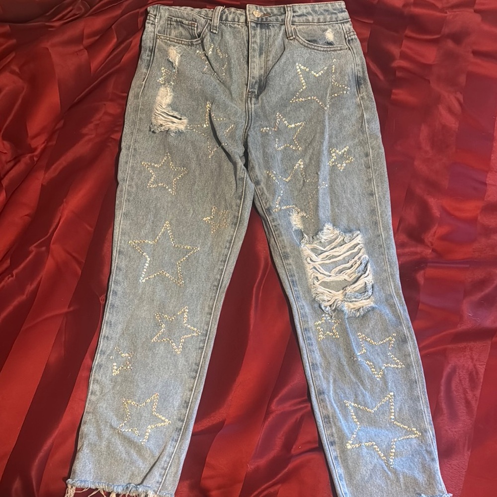 Star Embellished Light Blue Wide Leg Jeans